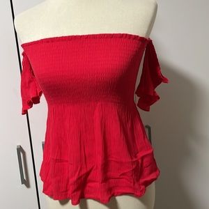 NWT A’GACI size small red smocking short sleeve off shoulder top brand Ambiance